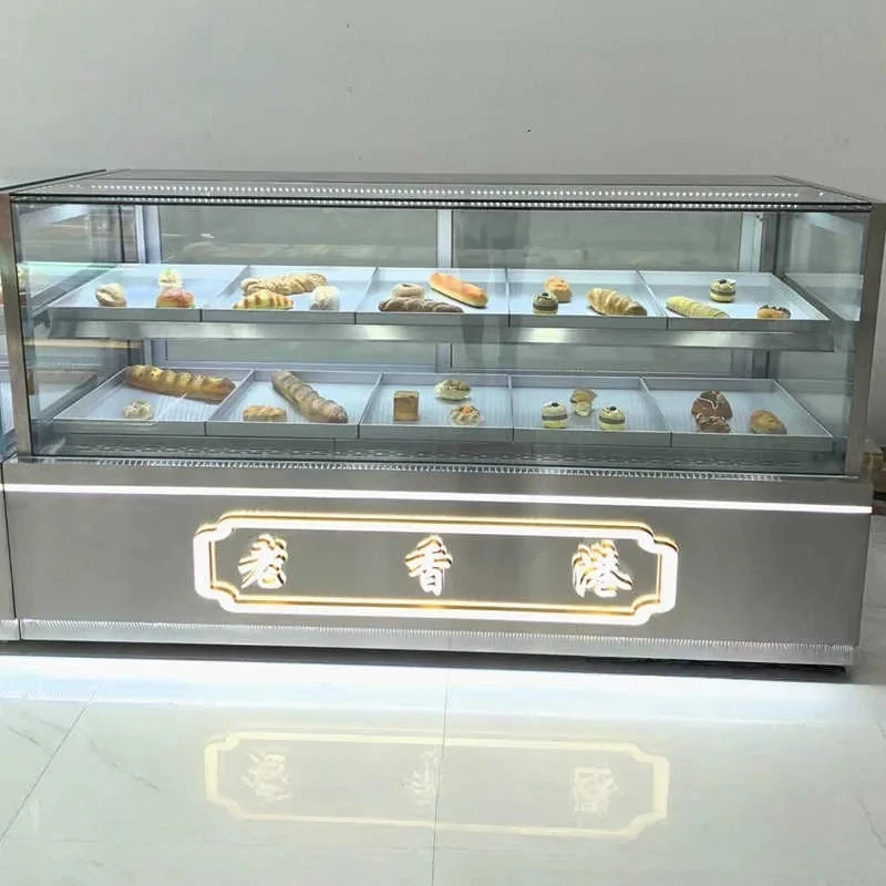 custom.Commercial Refrigerated Countertop Bakery Display LED Lighting Heavy Duty Glass Back Ladder Shelf Customizable Dimen