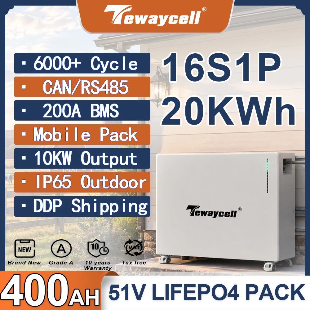 Tewaycell 20KWh Powerwall 51.2V 400Ah LiFePO4 Battery Pack Buitl-in 200A BMS CAN RS485 WIFI Solar ESS 10KW Output IP65 Outdoor