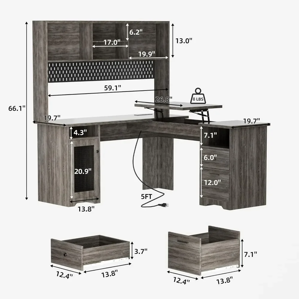 L-Shaped Desk with Hutch,67''Lift Top Corner Office Desk Drawer Storage Power Outlet LED, Cabinet Barn,Corner，Office Desk