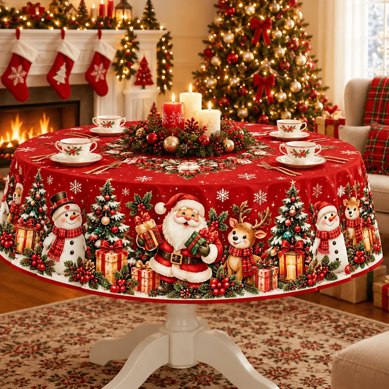 1 round tablecloth, Christmas red printed tablecloth, Santa Claus, snowman, elk, Christmas tree, gift box and snowflake pattern