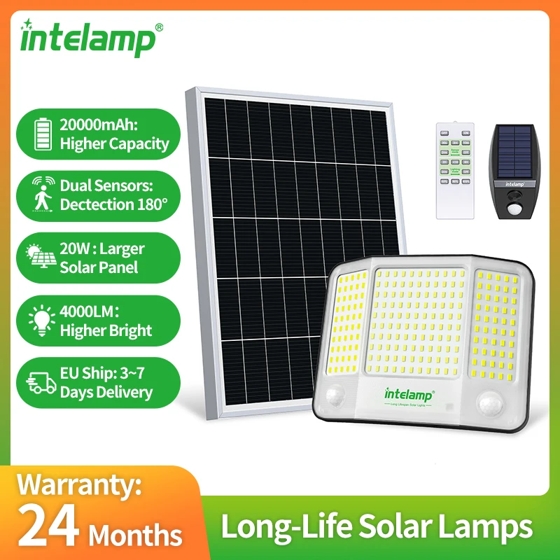 Lampes solaires de sécurité extérieures Intelamp, puissantes, longue durée de vie de la batterie, 20000mAh, 4000LM, avec deux capteurs de mouvement, 180° °   Lampe murale solaire à détection, 3 modes