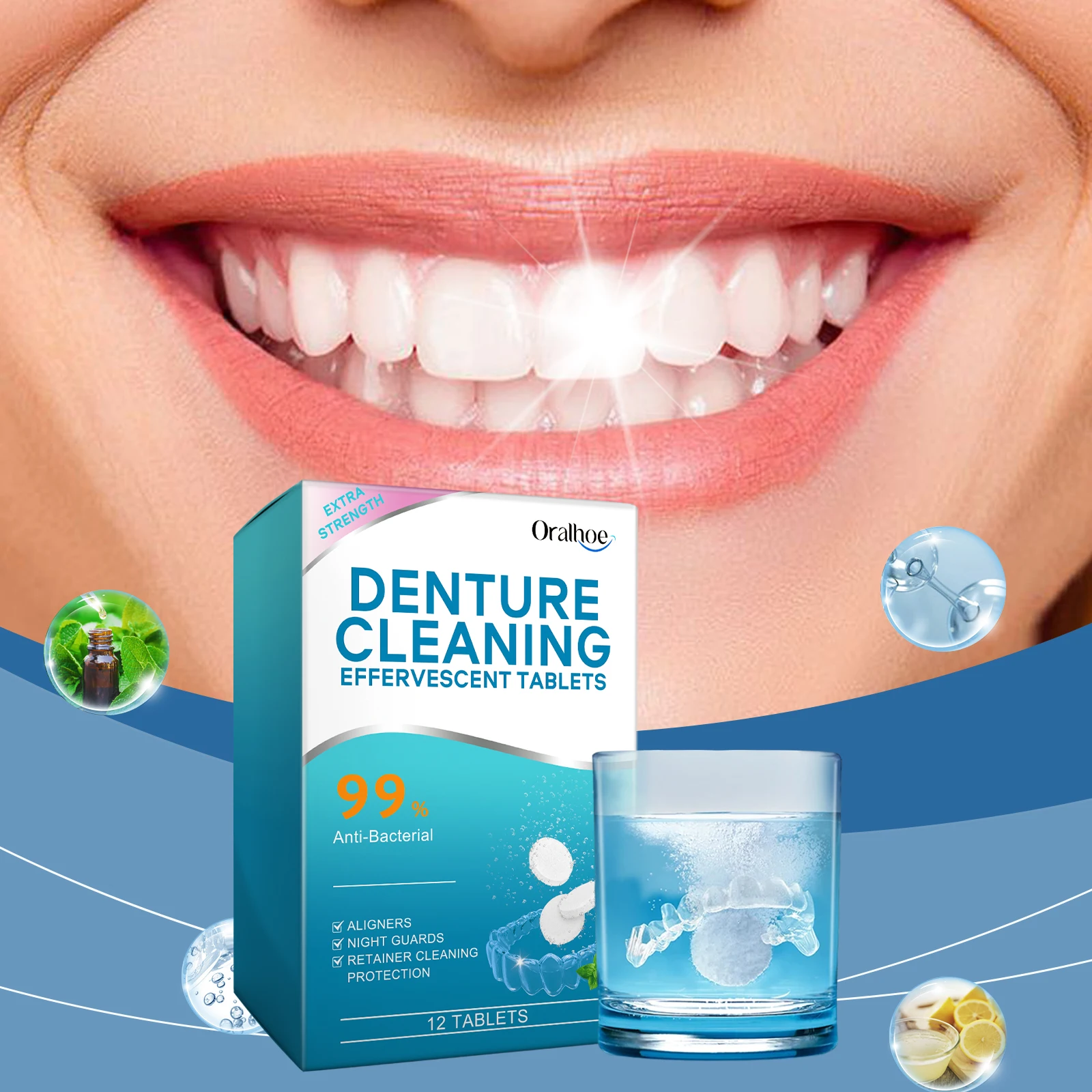 Oralhoe Denture Cleaning Tablets - Gentle Clean Fresh Breath Portable Daily Hygiene for False Teeth Oral Care
