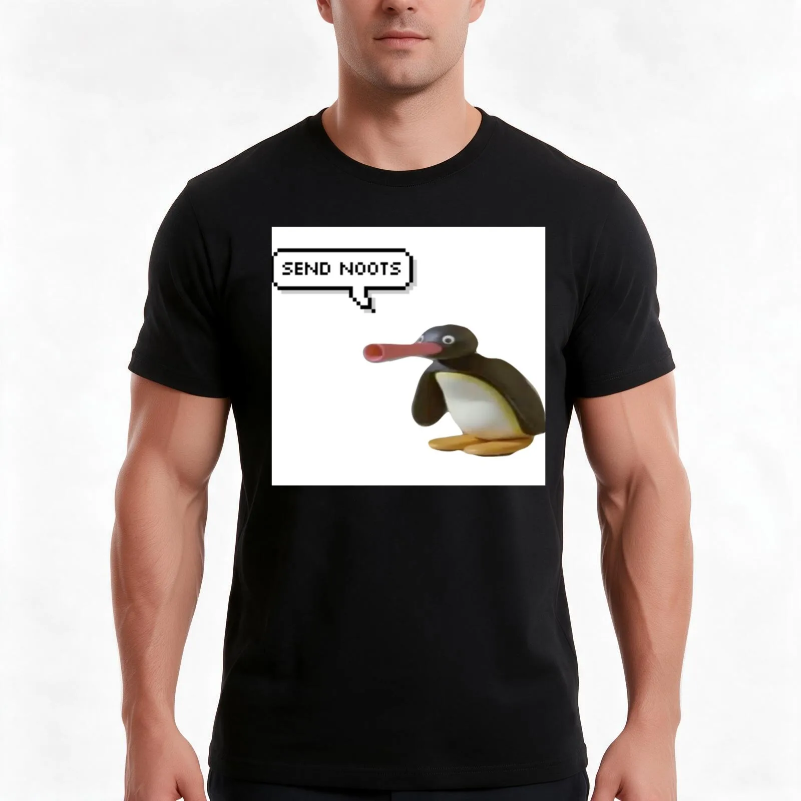 Pingu- Send Noots T-Shirt, Summer Casual Cotton Tee, Oversized Streetwear Tops, Vintage Graphic Print, Loose Fit Short Sleeve
