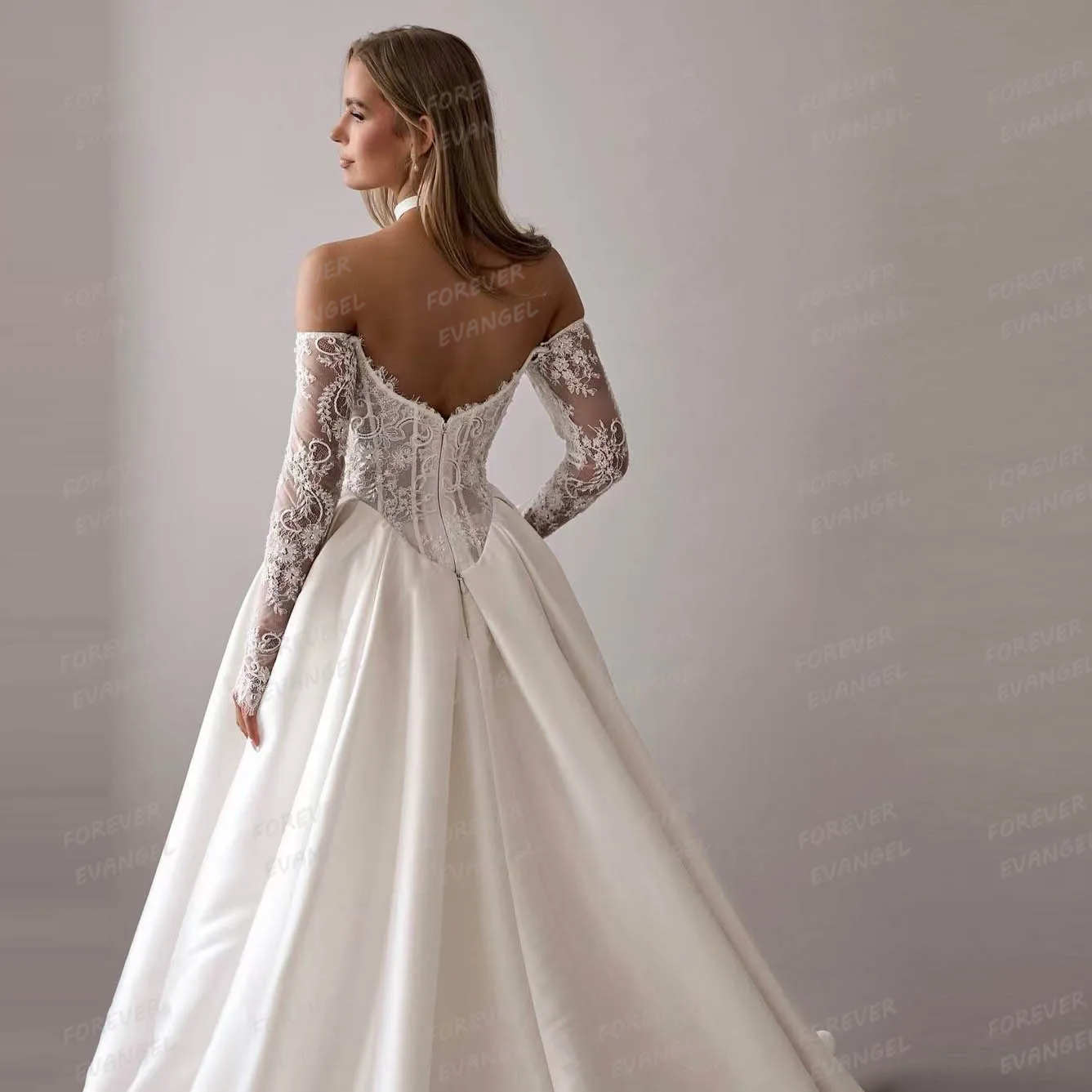 Luxury Wedding Dresses A Line Woman\'s Long Sleeve Bride Gowns Boat Neck Side Split Appliques Backless Customized Vestidos Novias