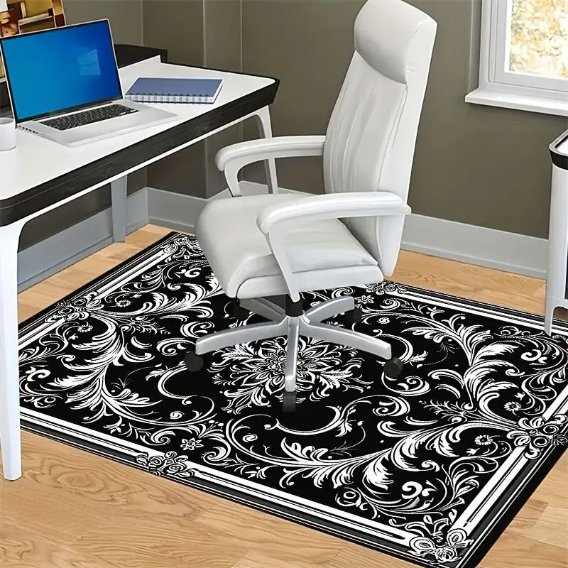 VIKAMA Retro Black-and-White Floral Rug Durable Computer Chair Mat Non-Slip Machine-Washable Living Room Carpet Home Decor