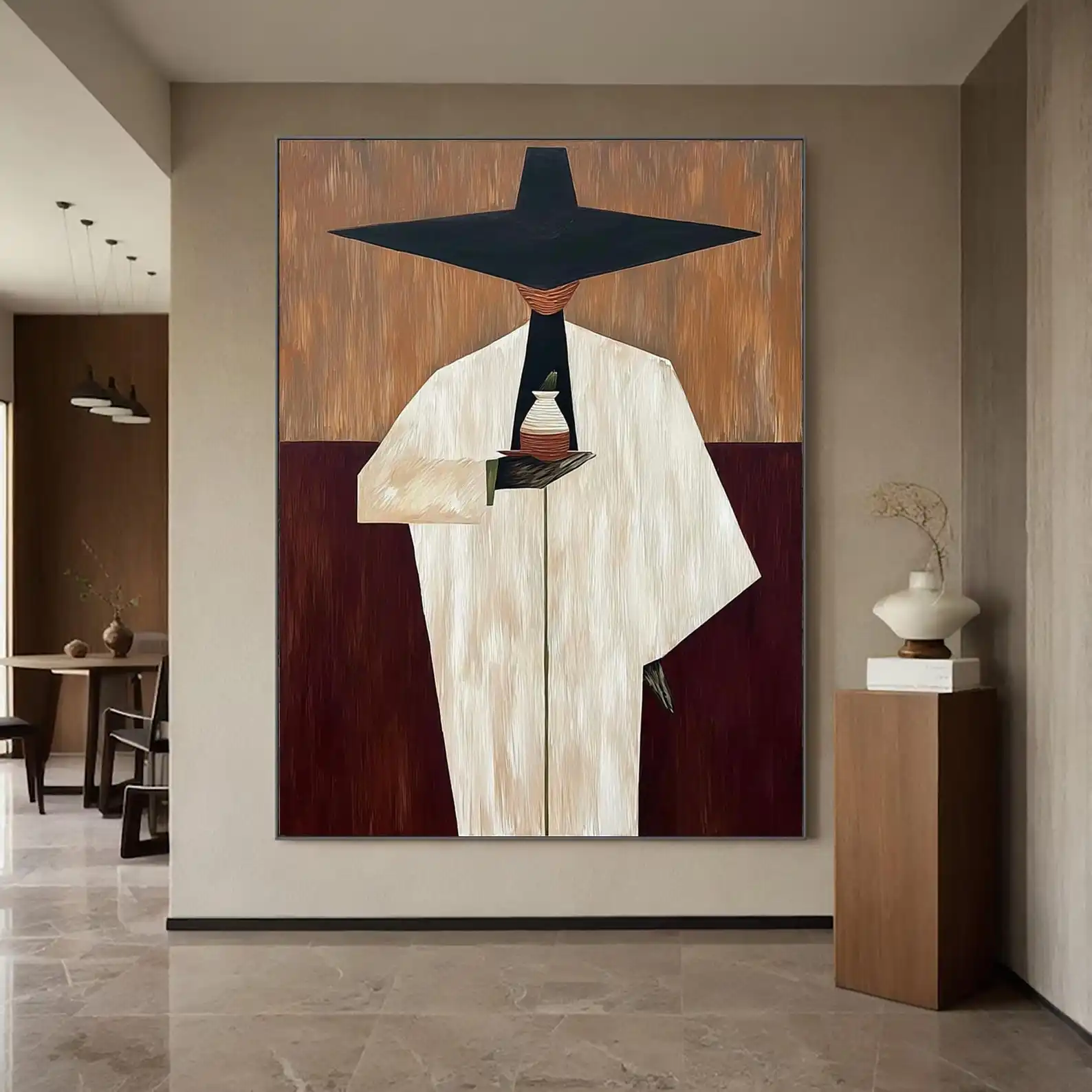 Mhemyo Dipinto a Mano Astratto con Figura Femminile, Arte Murale Minimalista Moderna su Tela, Grande Quadro Rustico Marrone Beige per Arredamento Casa