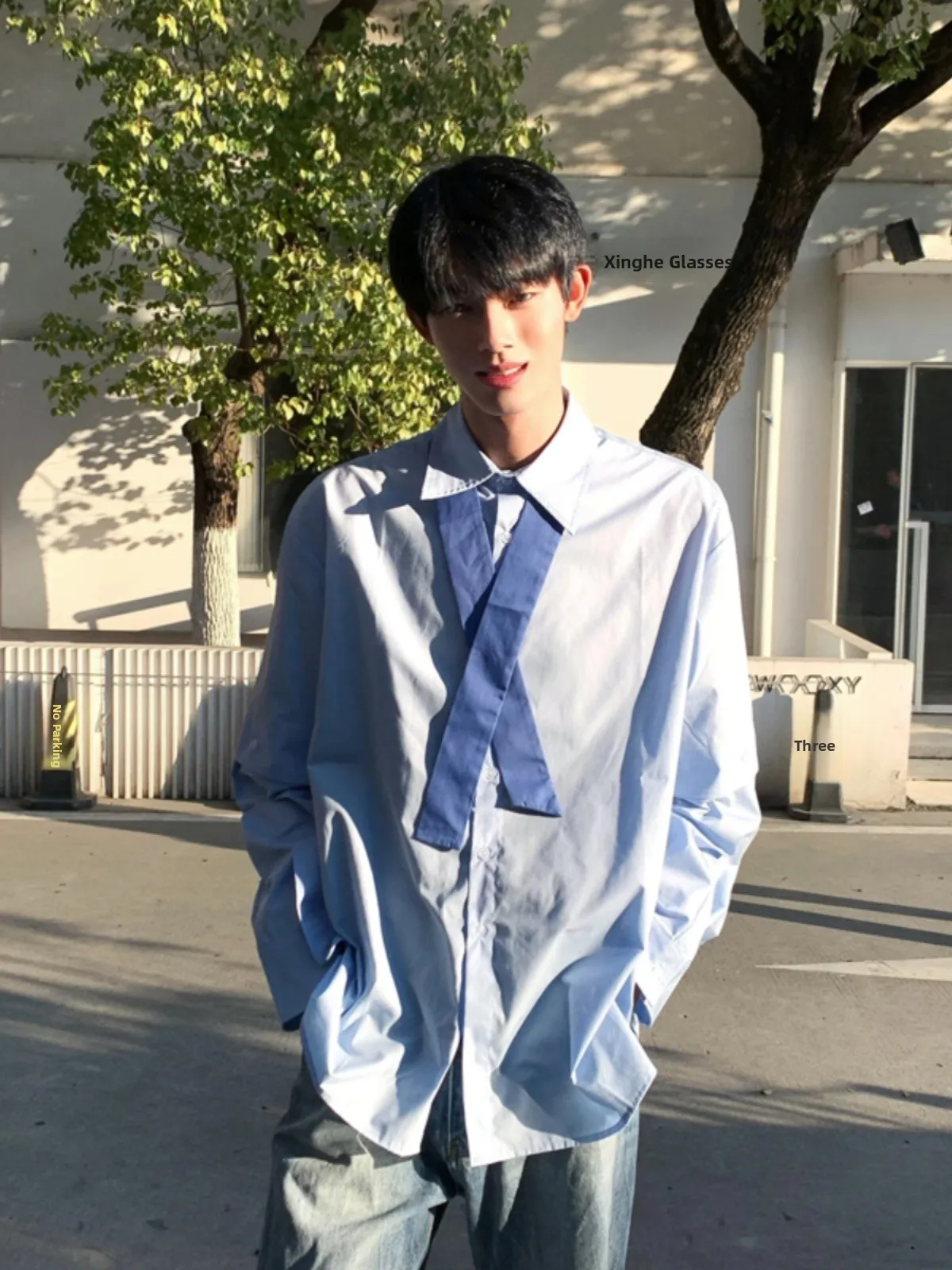 

Spring Youth Sle Long Sve Collared Blue irt Men's Vintage Japanese Feel Comfortable Wearing Polyester Fiber irt