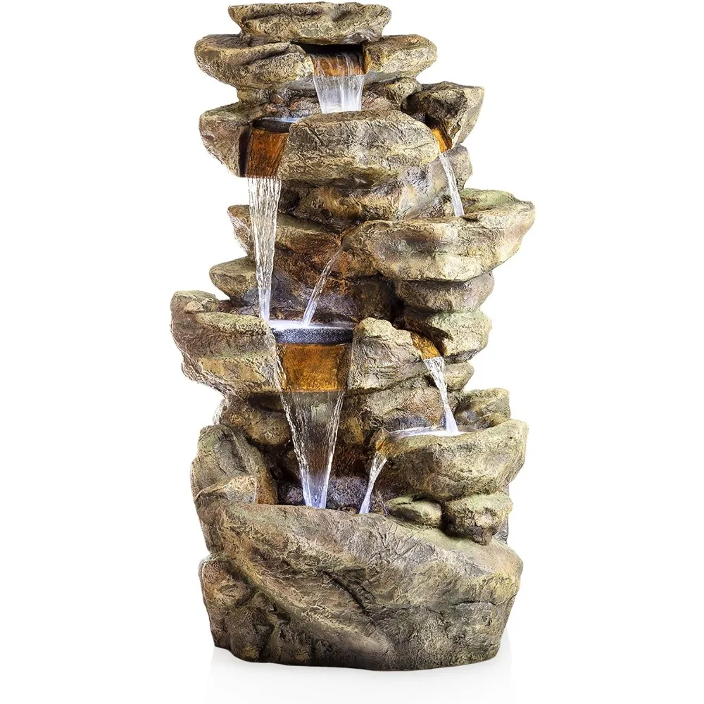 51 inch outdoor 6-story fountain with LED lights and natural stone appearance, suitable for gardens, rock waterfall fountains