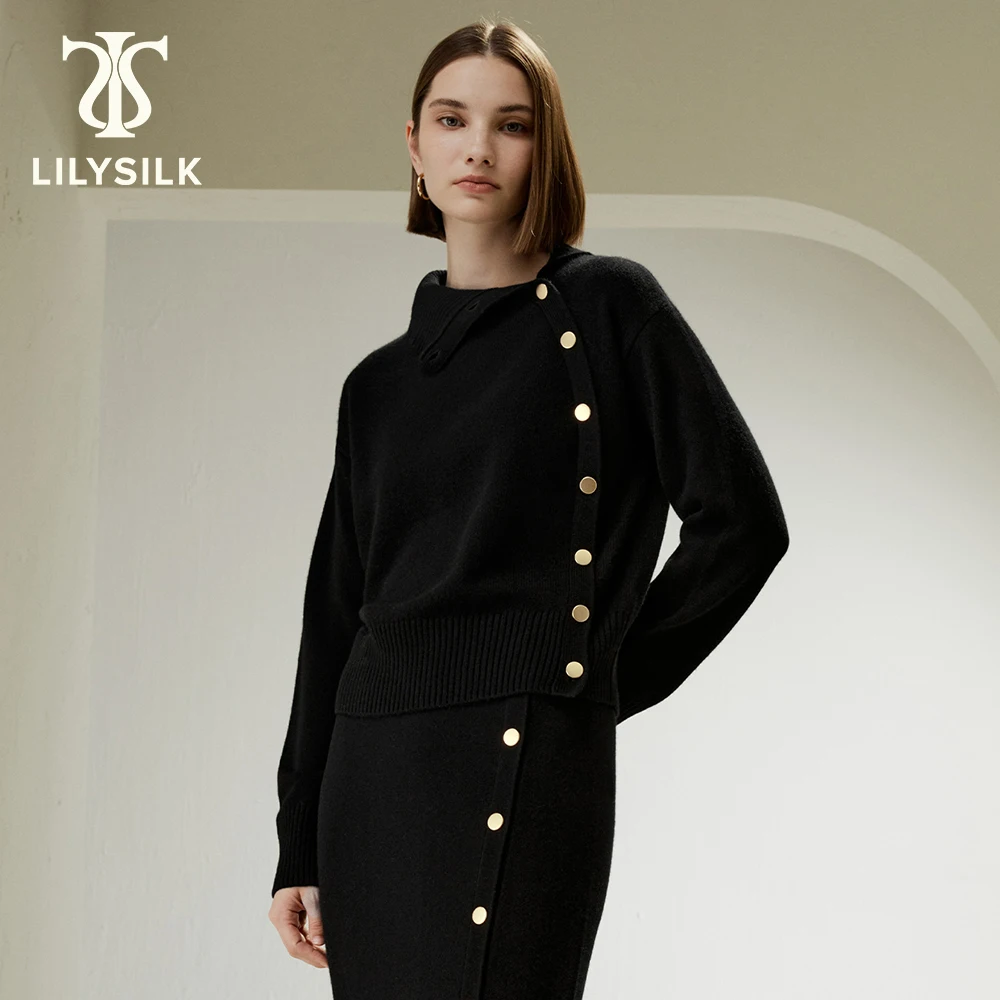 LILYSILK Women's Pure Cashmere Sweater Ladies Adjustable Turtleneck with Ribbed Trims and Row of Golden Side Buttons