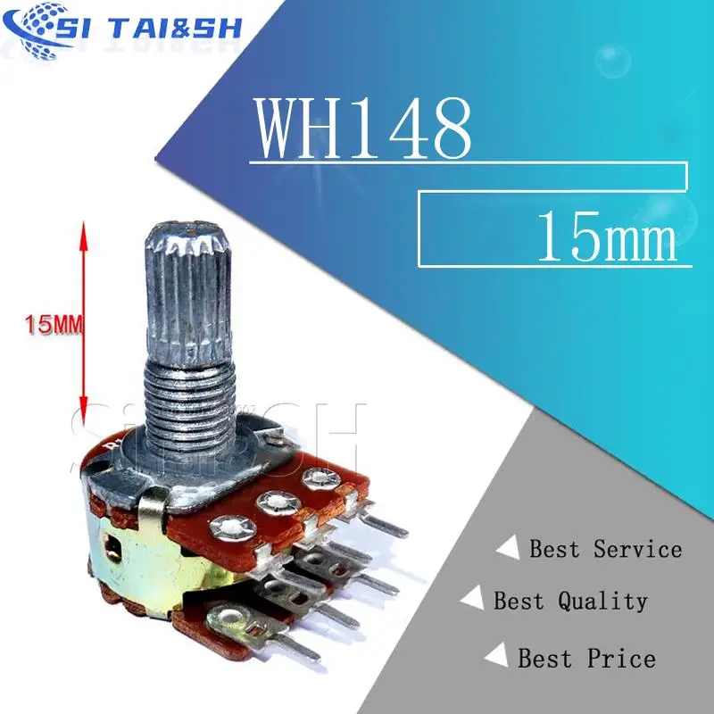 5pcs WH148 B1K B2K B5K B10K B20K B50K B100K B500K 6Pin 15mm Shaft Amplifier Dual Stereo Potentiometer 1K 2K 5K 10K 50K 100K 500K