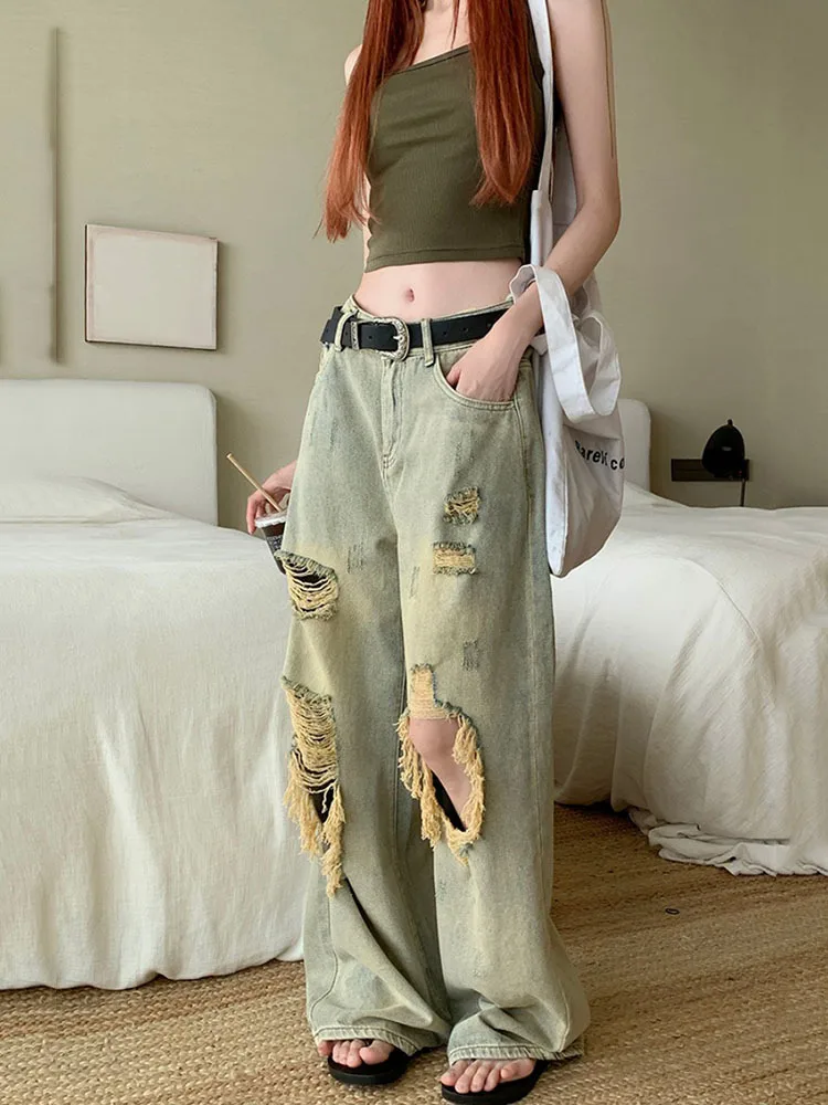 

Woman Jeans High Waist Irregular Jeans Ladies Retro Ripped Casual Jeans The Spice Girls Fashion Women Denim Wide Leg Trousers