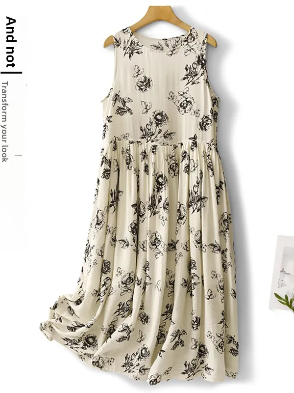 

Korean Japanese Cotton Linen Sleeveless Vest Dress Women's Elegant Drifting White Bottom Black Flower Leaf Backless Dress