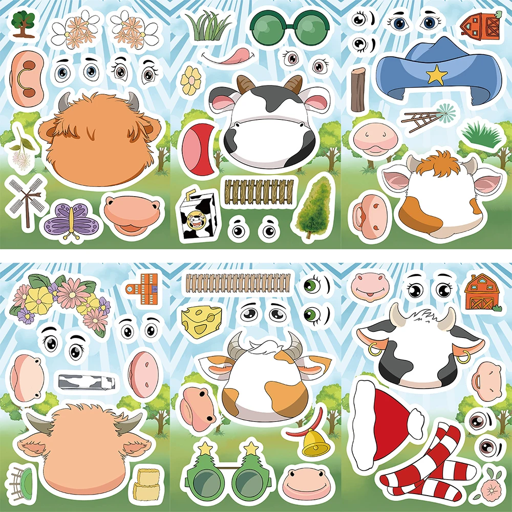 

8/16sheets Cartoon Cute Little Cow Puzzle Stickers Make Your Own DIY Game Decals Children Assemble Jigsaw Education Toy Sticker