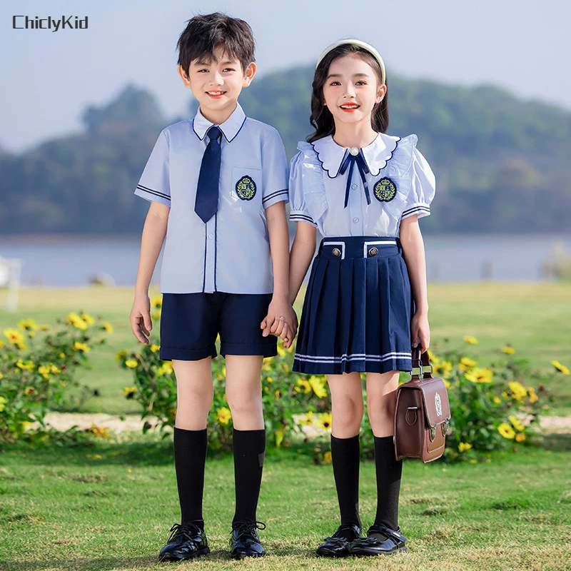 Boys British Shirt Tie Shorts Girls Peter Pan Collar Blouse Skirts Kids Toddler Cute Clothes Sets Children Summer School Uniform