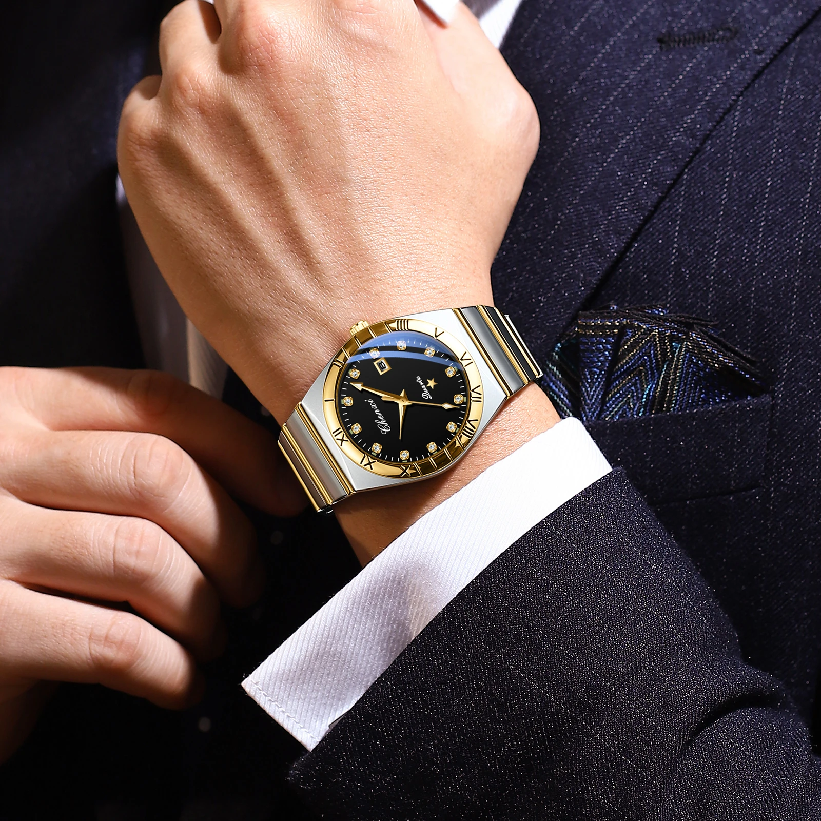 CHENXI Bottom Penetrating Men's Quartz Watches Luminous Waterproof Calendar Luminous Business Stainless Steel Strap Men's Watch