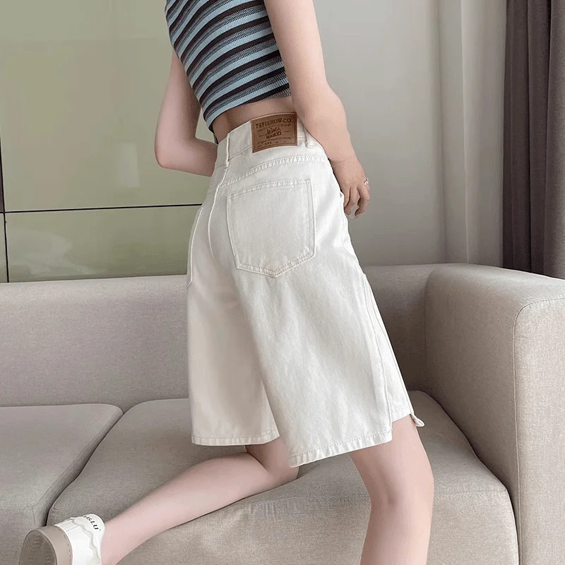 

Прямые джинсы с высокой талией, женские летние тонкие брюки из смеси хлопка и полиэстера, широкие брюки длиной пять четвертей