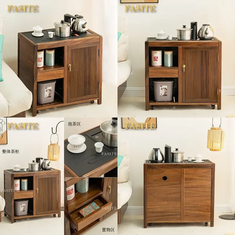 For Walnut Tea Cabinet Small Solid Wood Side Table Integrated Kettle Storage Household Tea Brewing Station Compact Furniture