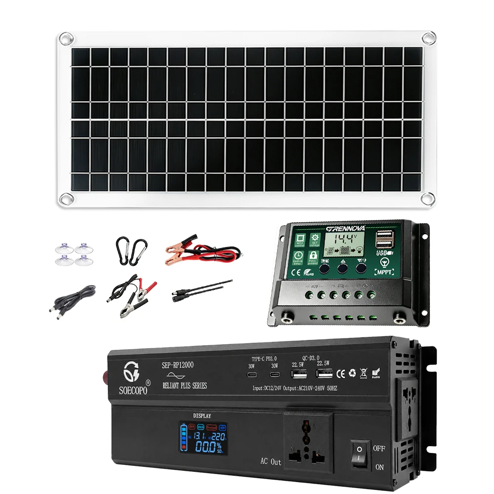 SOECOPO 12000W Solar Kit DC 12V/24V to AC 110V 220V 200W Panel 60A MPPT Controller Off‑Grid Power for Home RV Camping Emergency