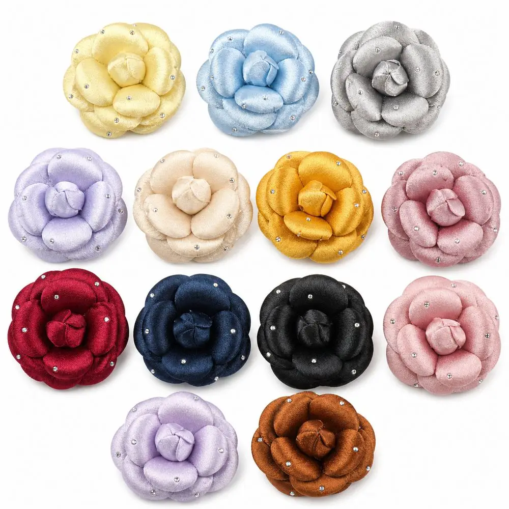 Satin Camellia Flower Embellishment Layered Petals Rhinestone Accents Rhinestone Flower Applique Handmade Soft