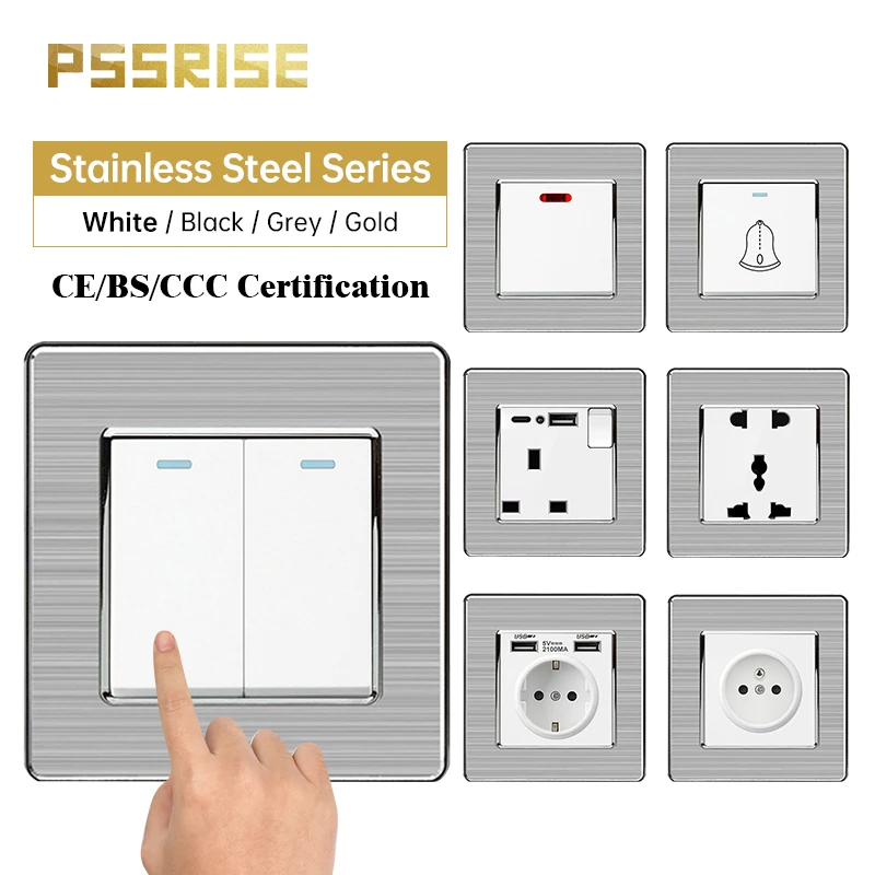 

PSSRISE 86 French EU UK Wall Switch Socket with 5V 2.1A USB Type-c Phone Charger Stainless Steel Panel Light Switch Power Outlet