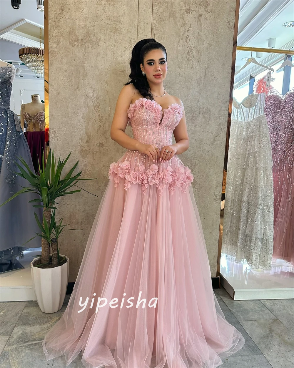 Vestido largo de tul con cuentas y flores drapeadas para fiesta de boda, línea A, sin tirantes, a medida, para ocasiones