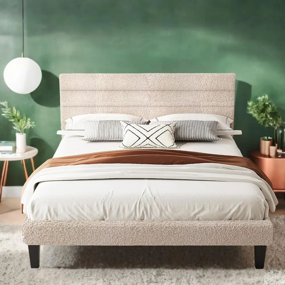 

Full Boucle Upholstered Bed Frame - Adjustable Headboard & Wood Slats, Tufted Panel Modern Bed, No Box Spring Needed