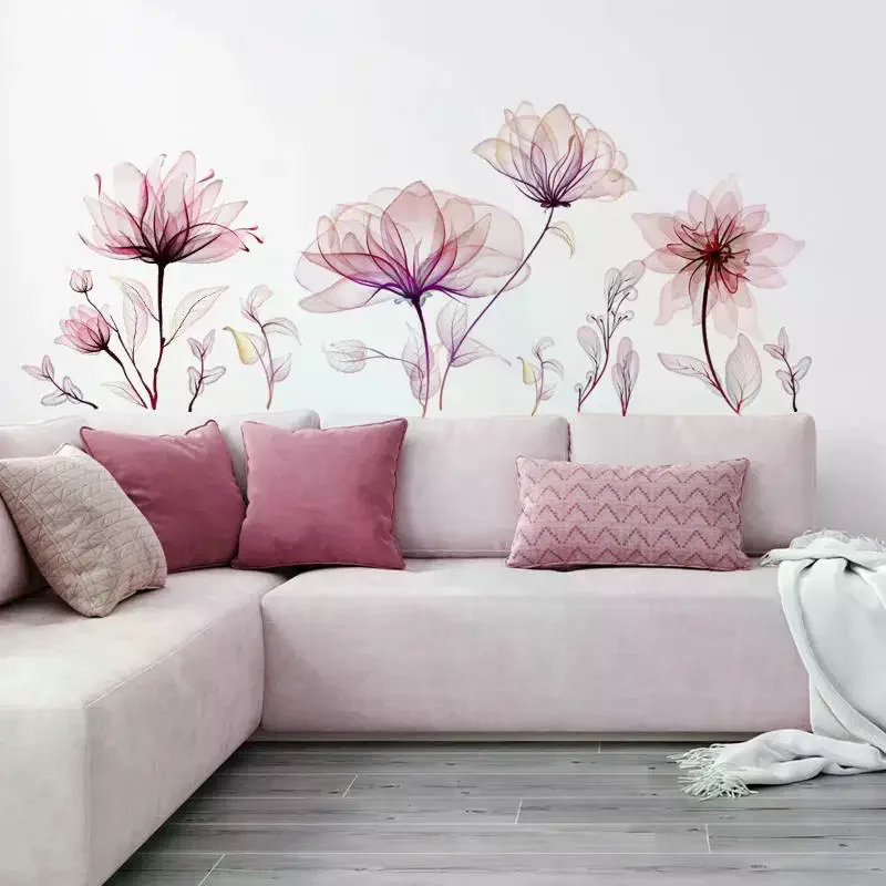 Pink Flowers Wall Stickers For Living Room Bedroom Background Wall Decor Girls's Room Home Decorative Stickers Wall Decals Mural