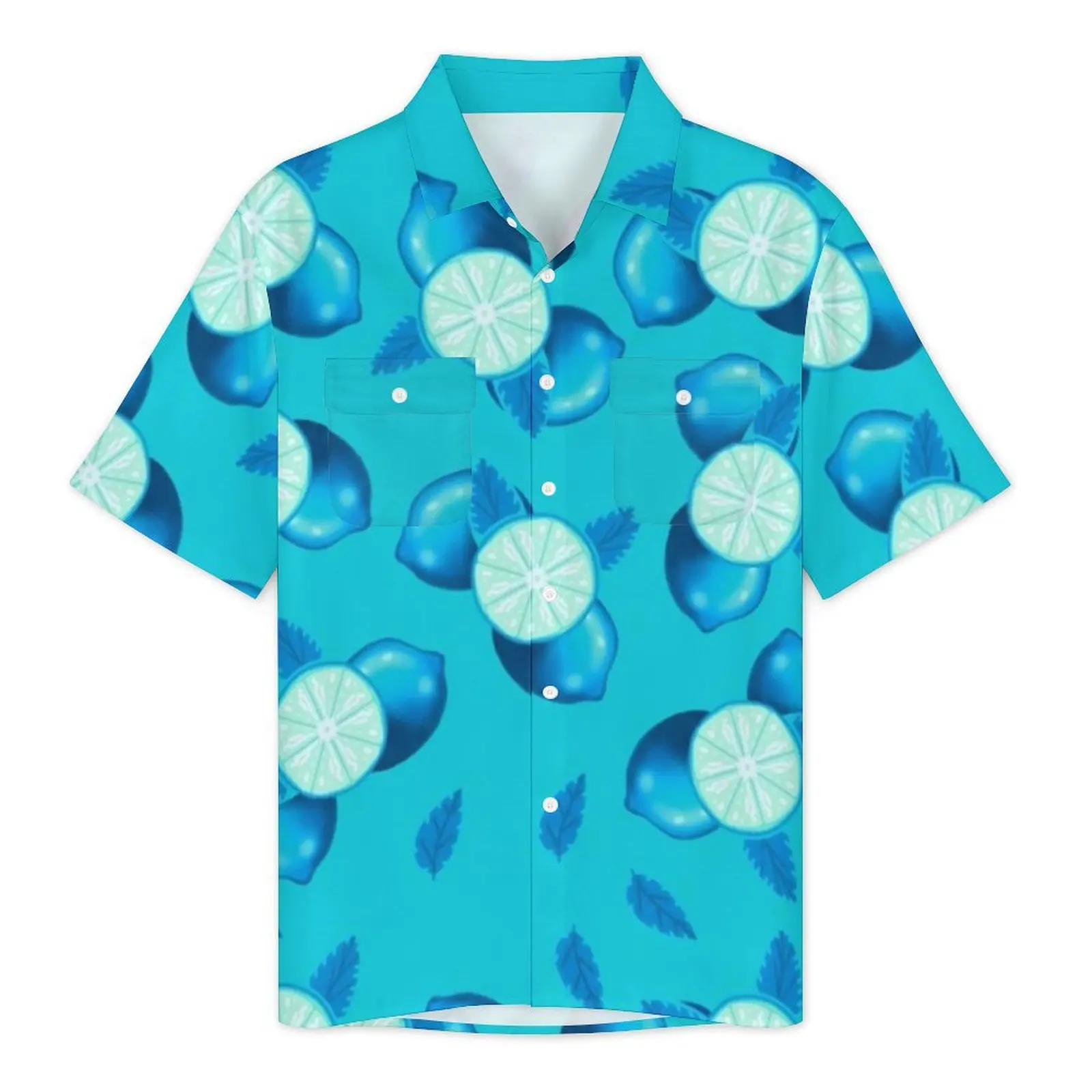 Lemon Print Hawaiian Shirt For Men Beach Blue Lime Fruits Casual Shirts Short Sleeve Stylish Custom Elegant Oversized Blouses