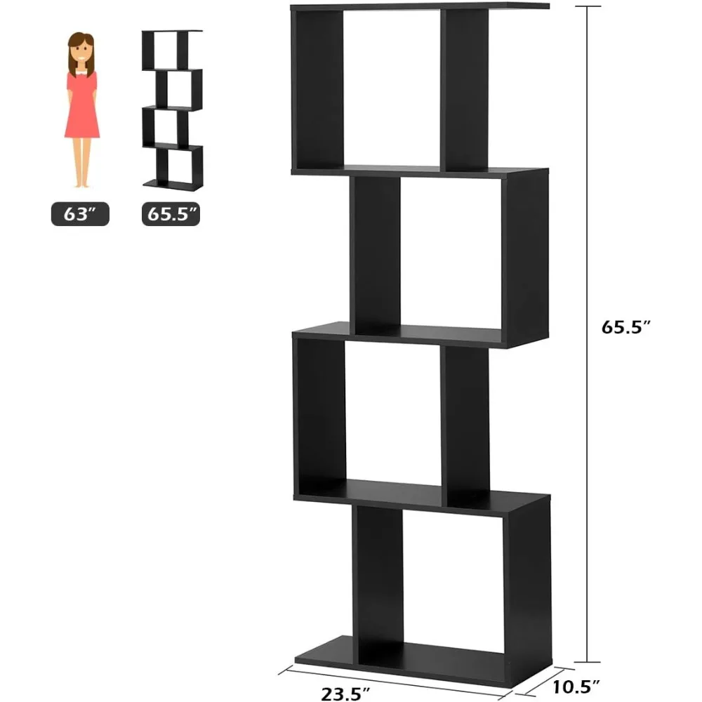 4 Tier Bookshelf S Shaped Bookcase, Multifunctional Wooden Display Decor Furniture, Free Standing Industrial Storage Rack