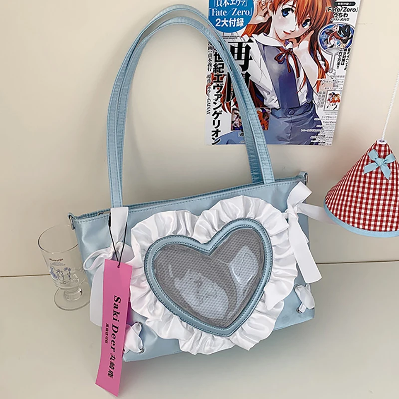

Richme Lolita Women Tote Bags 2025 Ruffles Heart Shaped Transparent Ita Bag Female Ribbon Bow Satin Crossbody Shoulder Bolso