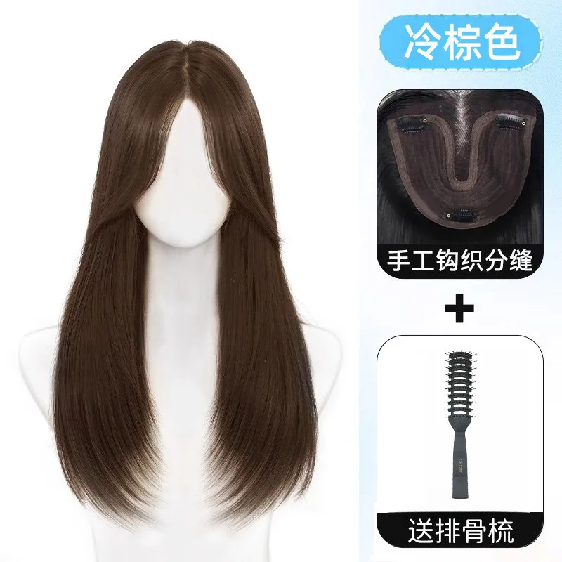 Synthetic Lace Middle Part Long Straight Black Wig Clip Topper No-Net Cover for Women Volume Hairpiece Cosplay Party Costume