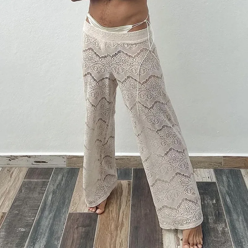 

Hollow Lace Sexy Trousers Spring And Summer New Micro-perspective Men's Design Wide-leg Trousers