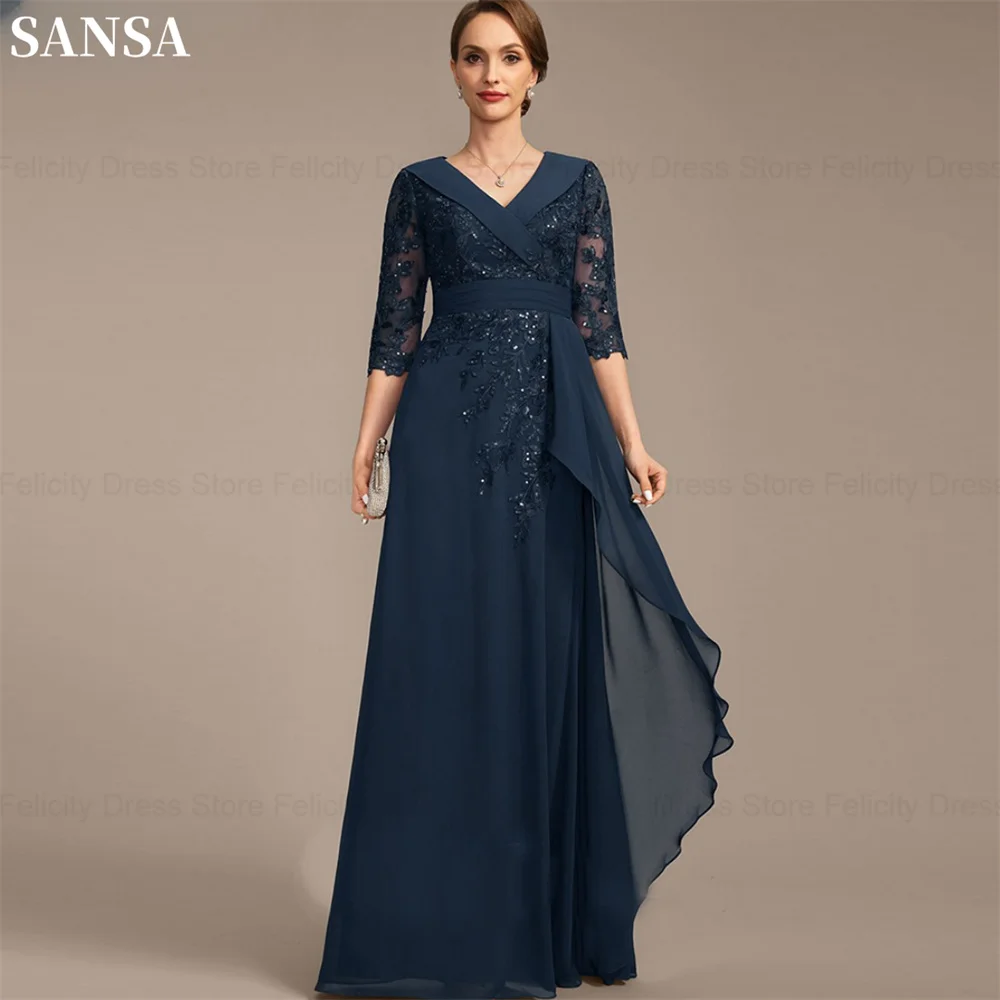 

Sansa Dark Green Chiffon Mother of Bridal Lace Embroidery V-neck Party Dresses Floor-Length A-Line Half Sleeves Evening Dresses