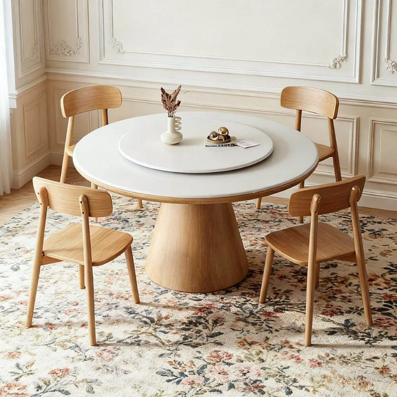 

Solid wood rock slab dining table and chair combination household small apartment with turntable dining table