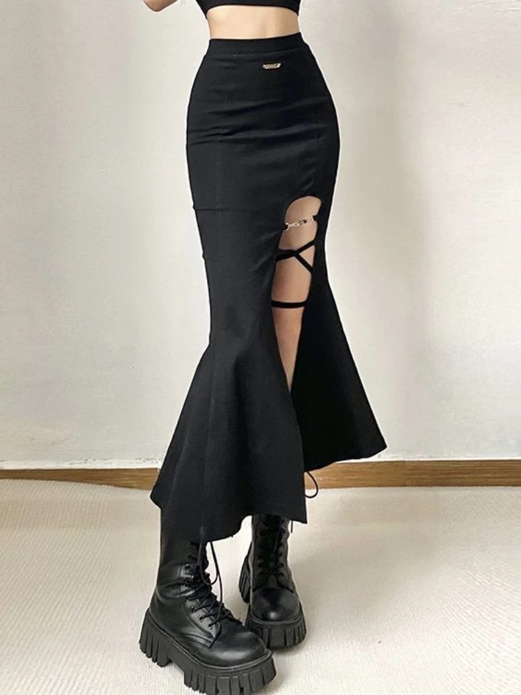 

Sexy Irregular Bandage Midi Skirt Women High Waist Split Gothic Skirts Fremale Streetwear Korean Fashion Slim Skirts Summer