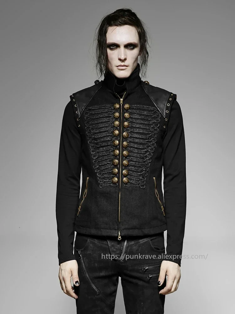 PUNK RAVE Men's Black Military Uniform Style Vest Dark Winter Rock Handsome Cool Waistcoat for Singers Stage Clothes
