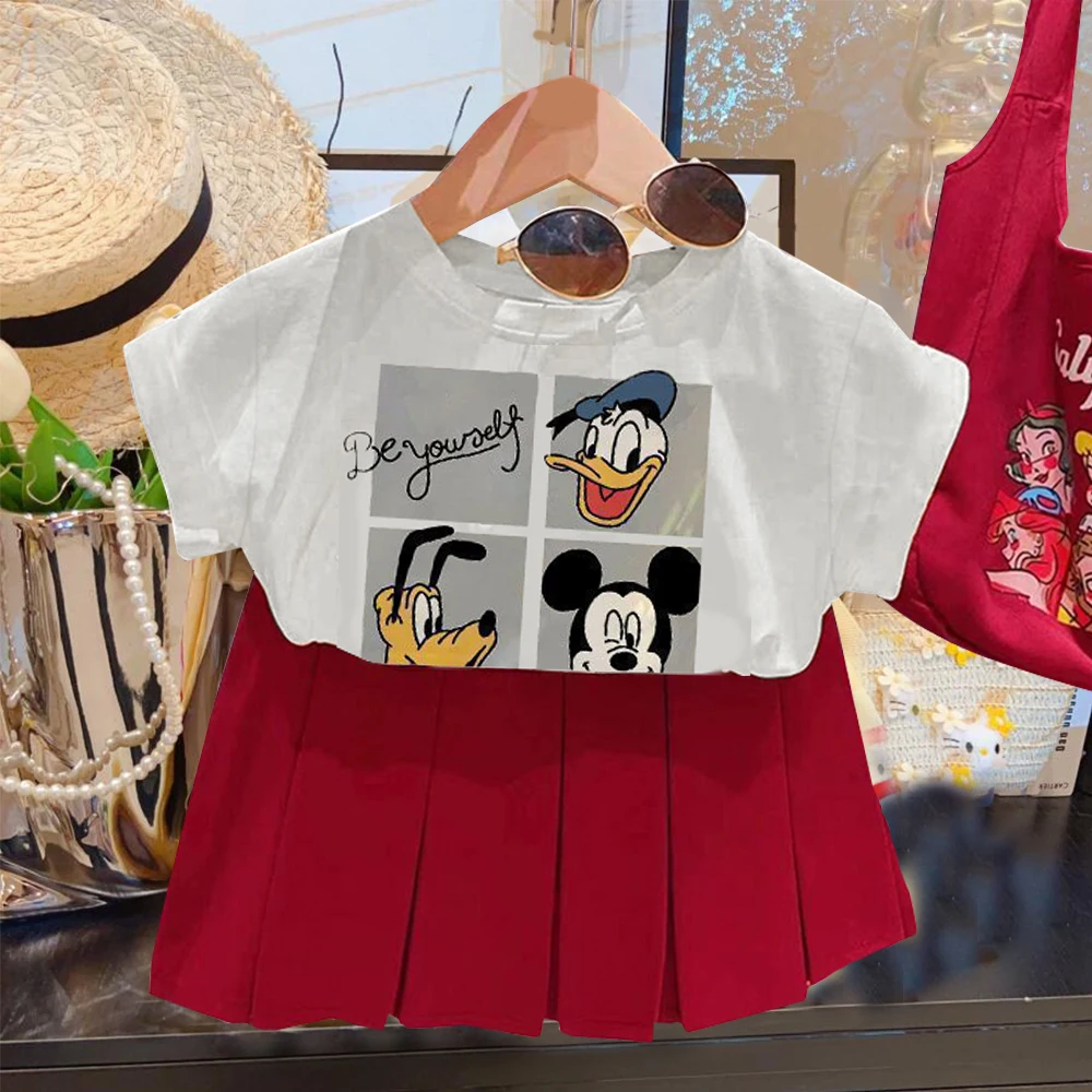 

Disney Princess Girl Dress Cartoon Print Top and Bottom Set 2-8Y Baby Girl 2PCS T-Shirt+JK Skirt Ariel Mickey Summer Clothes