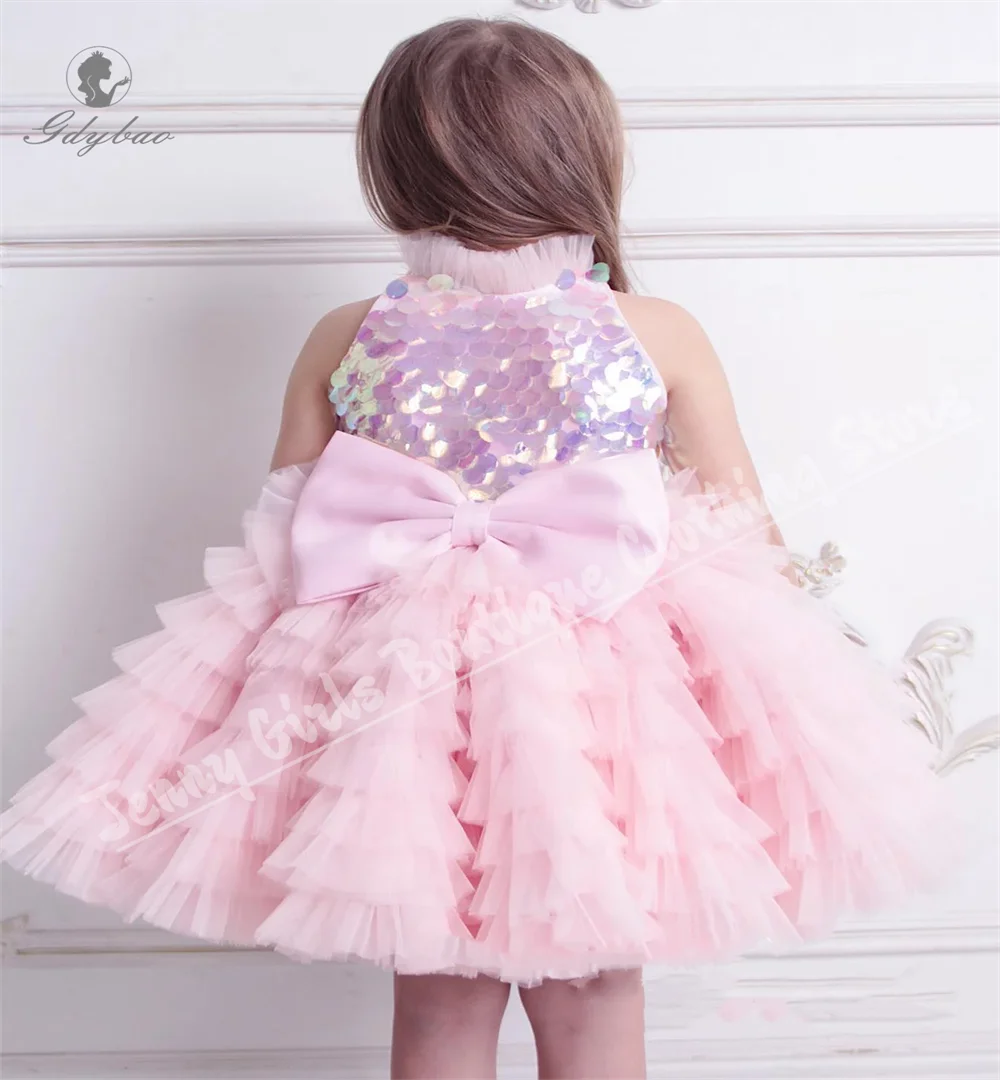 Hoge hals lovertjes gelaagde bloemenmeisje jurk pluizig kind verjaardagsfeestje jurk voor optocht formele gelegenheden aanpassen
