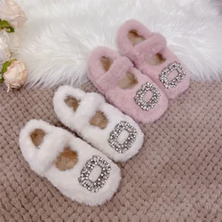 Luxury Rhinestone Fur Ballet Flats Baby Girls Winter Warm Loafers Kids Plush Mary Jane Shoes Kids Outdoor Non-slip Casual Shoes