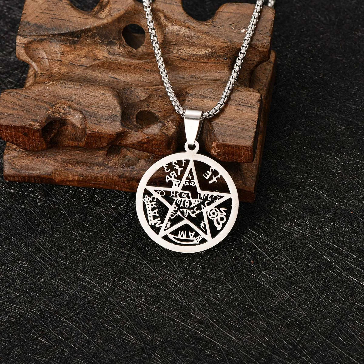 Stainless Steel Hollow Hebrew Witchcraft Pentagram Pendant Men's Fashion Retro Titanium Steel Necklace Jewelry