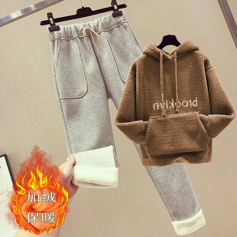 2023 Winter New Plush Thickened Hoodie Fashion Wool Pants Two Piece Fashion Female Student Pants Set Winter Warm Outfits