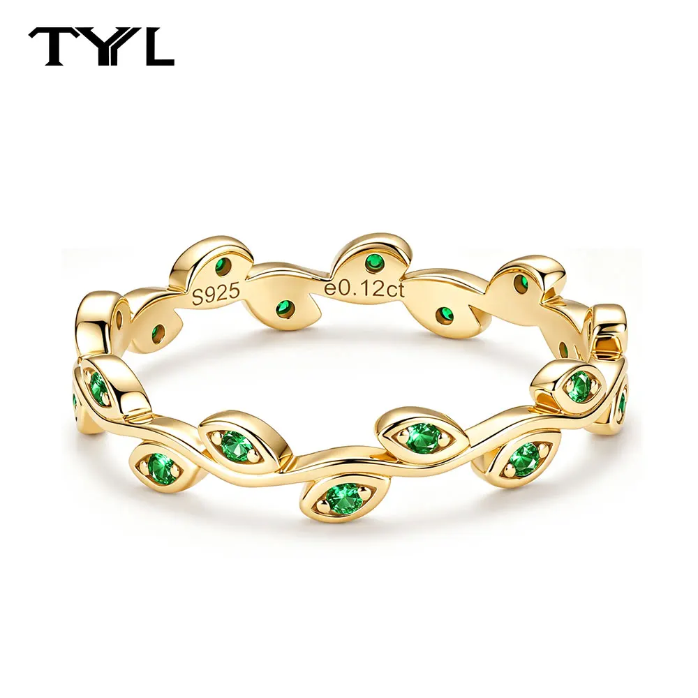 TYYL 14K Gold Plated Lab‑grown Emeralds Eternity Ring for Women Leaves Design Stackable Rings Party Wedding Fine Jewelry Gift
