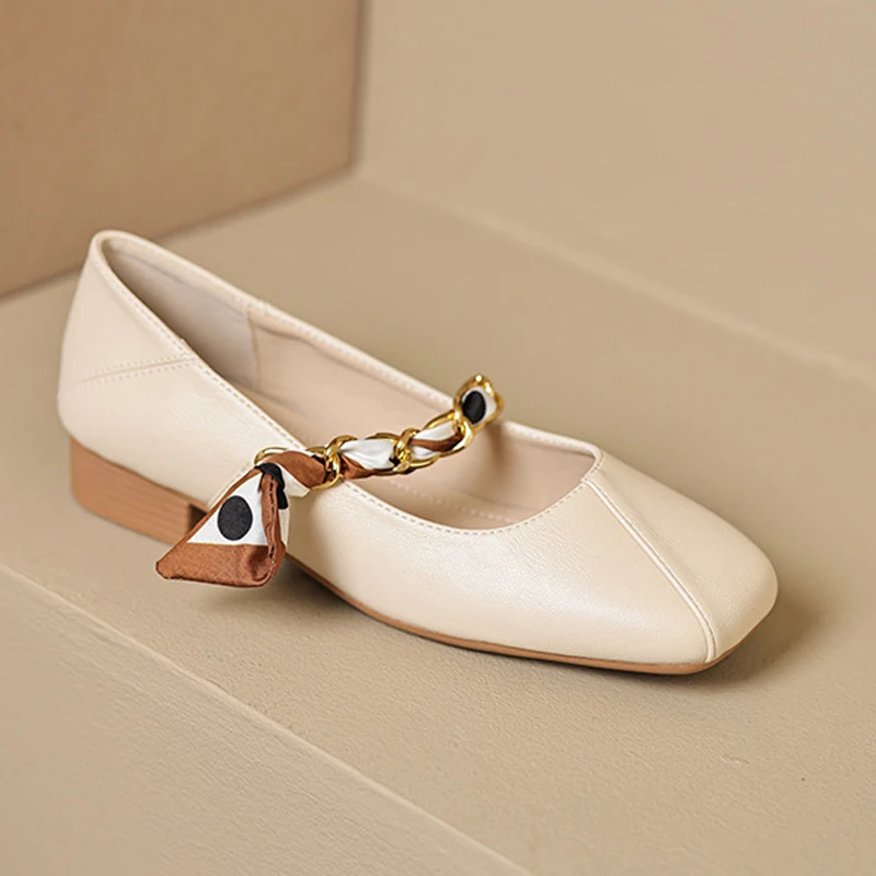 Туфли Мэри Джейн Женские туфли-лодочки Сандалии с квадратным носком Модные туфли на массивном каблуке с цепочкой Неглубокие шлепанцы на низком каблуке Большой размер Абрикосовый хаки