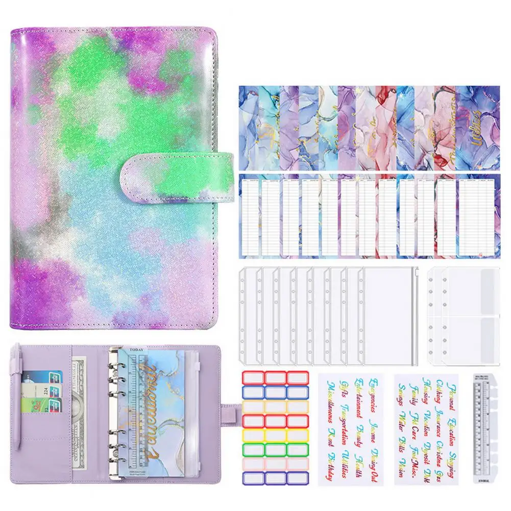 Great Multifunctional Stationery A6 Faux Leather Marble Colorful Budget Planner Notebook Binder Office Supplies