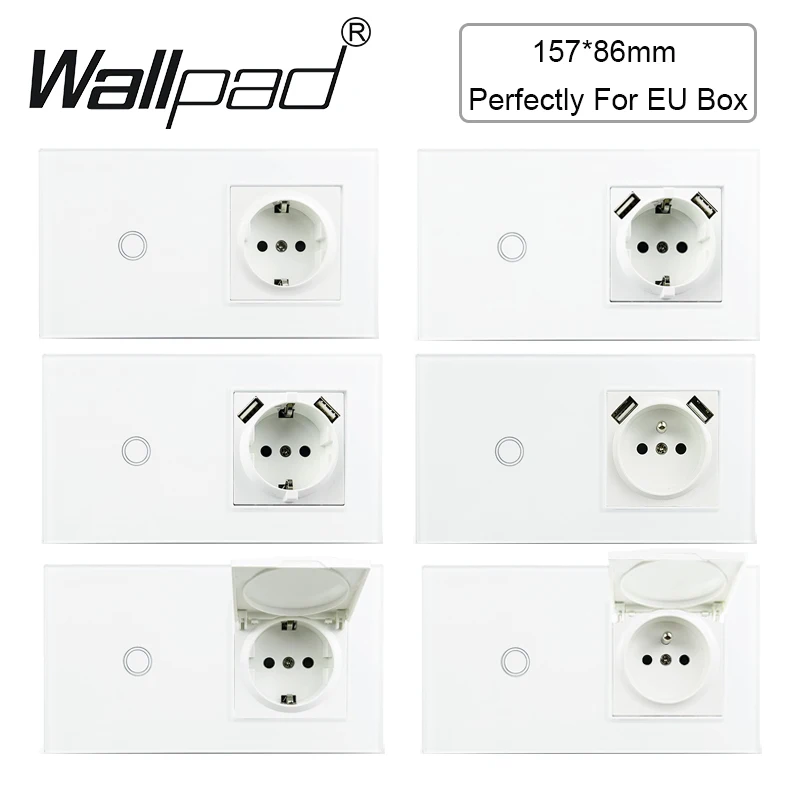 EU Touch Light Switch and Socket with Cap Wallpad White Glass Electrical Outlets and On Off Lamp Switches 16A 157*86mm 220V