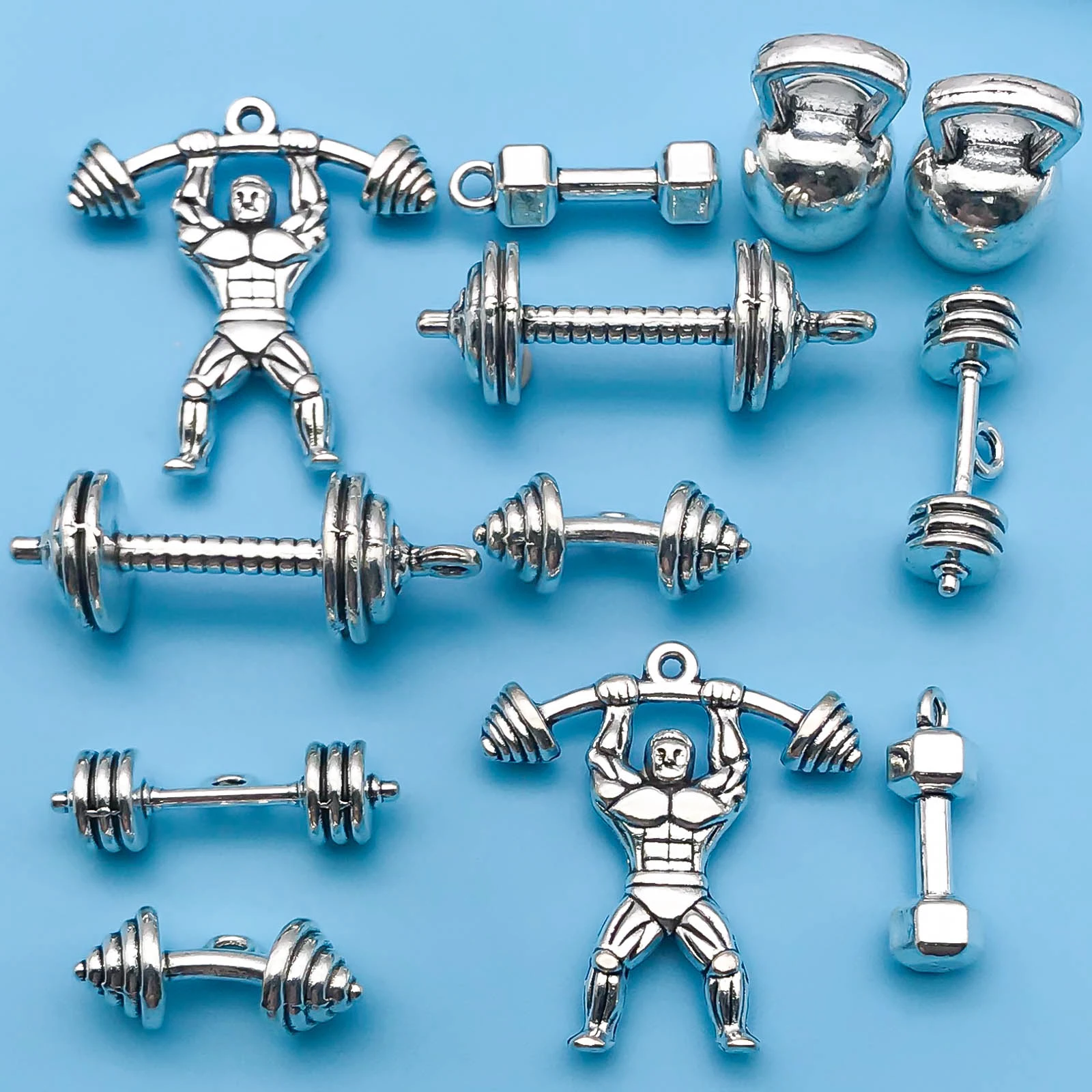 3/6/12 sztuk antyczne srebrzyste Charms podnoszenie ciężarów sztanga hantle narzędzia ruchu wisiorek do tworzenia biżuterii ustalenia Crafting Accesso