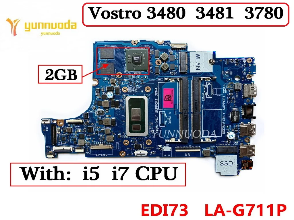 Original For DELL Vostro 3480 3481 3780 Laptop Motherboard With i5 i7 CPU Radeon 520 2GB-GPU  EDI73 LA-G711P 100% Tested