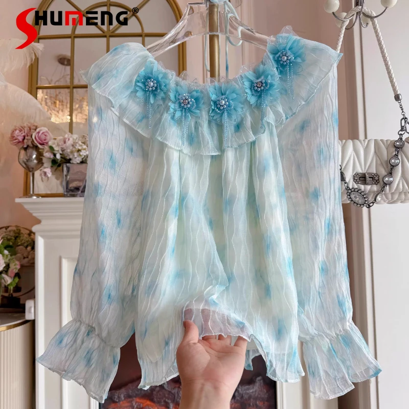 

Tie-dye Off-the-shoulder Chiffon Shirts Women 2026 Spring New Diamond Decoration Floral Loose Blouse Fairy Elegant Sweet Shirts