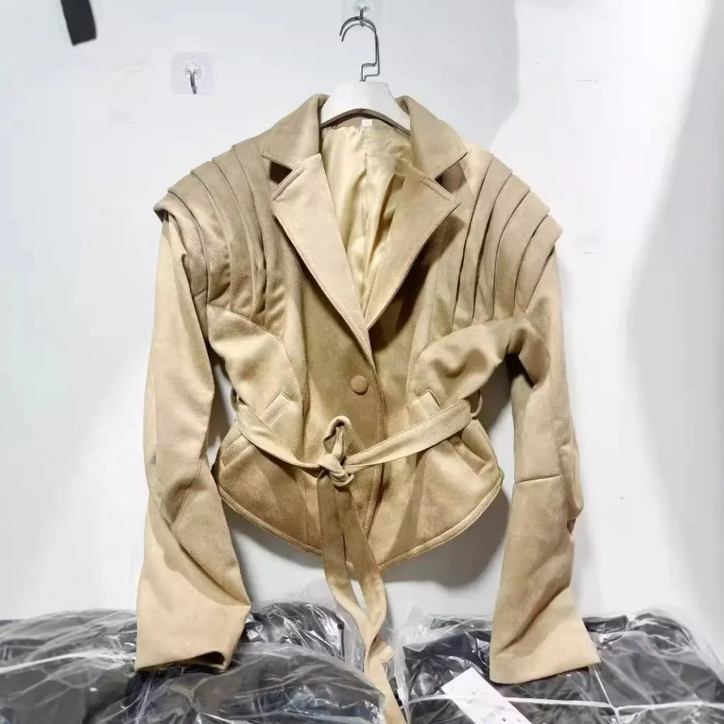 Women's Vintage Suede Leather Jacket One-button Lace-up Design European American INS Fashion All-match Style for Autumn