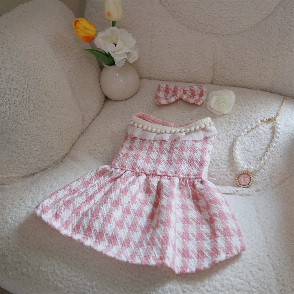 Puppy Plaid Wool Dress Pearl Neck Sweater Teddy Bears Medium Small Dog Cardigan Autumn Winter Pet Apparel Dog Clothes